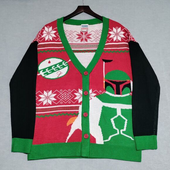 Junk Food Mens Large‎ Star Wars Boba Fett Ugly Christmas Sweater Cardigan - Picture 2 of 15